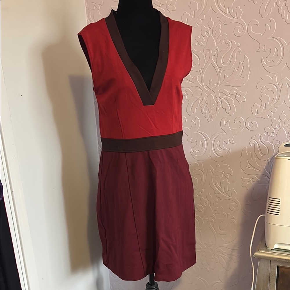 Elegant Red and Brown V-Neck Dress